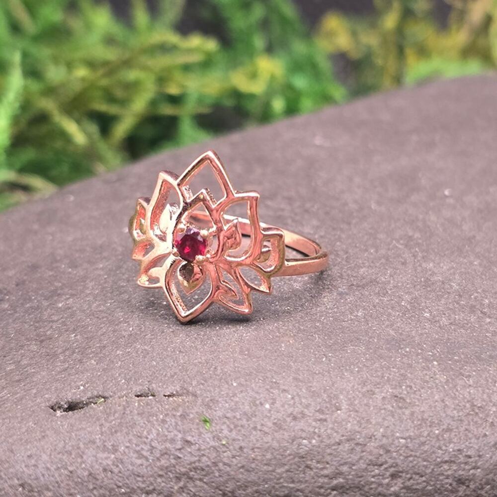 Garnet Copper Lotus Flower Ring Size 7 Red Gemstone Jewelry
